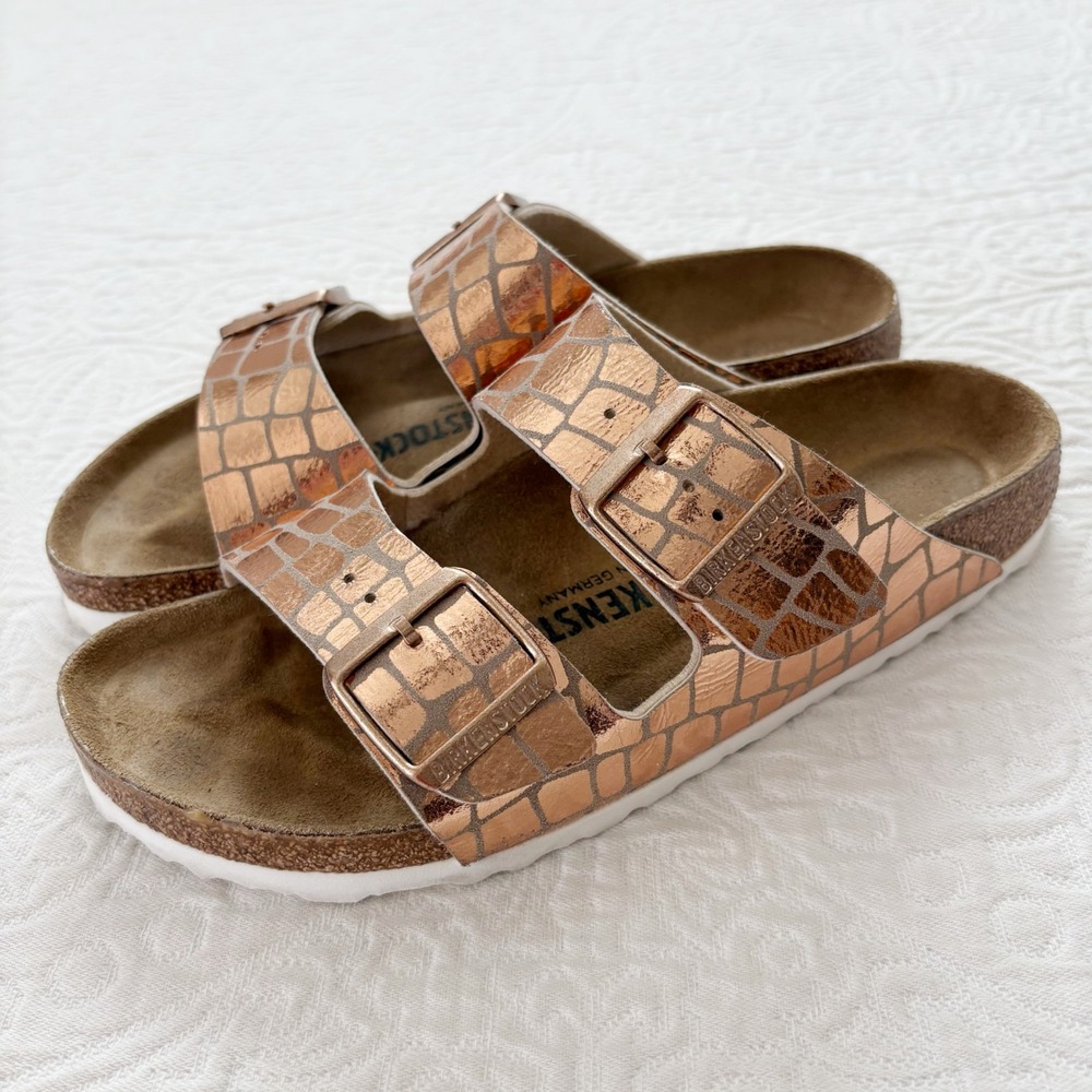 Birkenstock Birko-Flor Arizona‎ Gator Gleam Sandals, Metallic Copper Sz 38 US 7